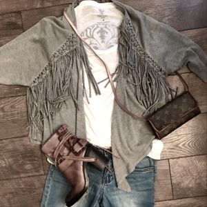 ali miles Charcoal Grey Fringe Short Shrug (3X) Womens plus